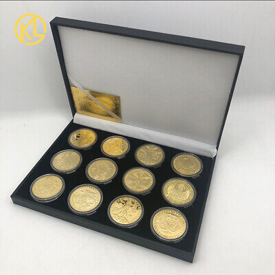 Twelve Constellations Zodiac Gold Plated Collectible Coin Original Coins Set box