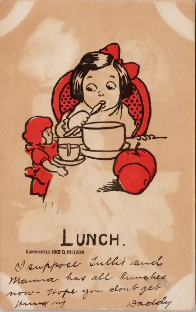 Lunch Girl Child Doll Eating at Table Apple s Cup Red D. Hillson Postcard G7