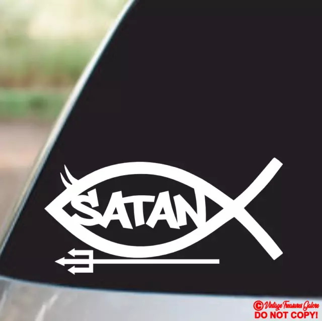 SATAN FISH Vinyl Decal Sticker Window Wall Bumper Religious Jesus Parody Funny