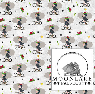 Welsh sheep waving his Welsh flag while on a bicycle, Fabric 100% Cotton 130gsm