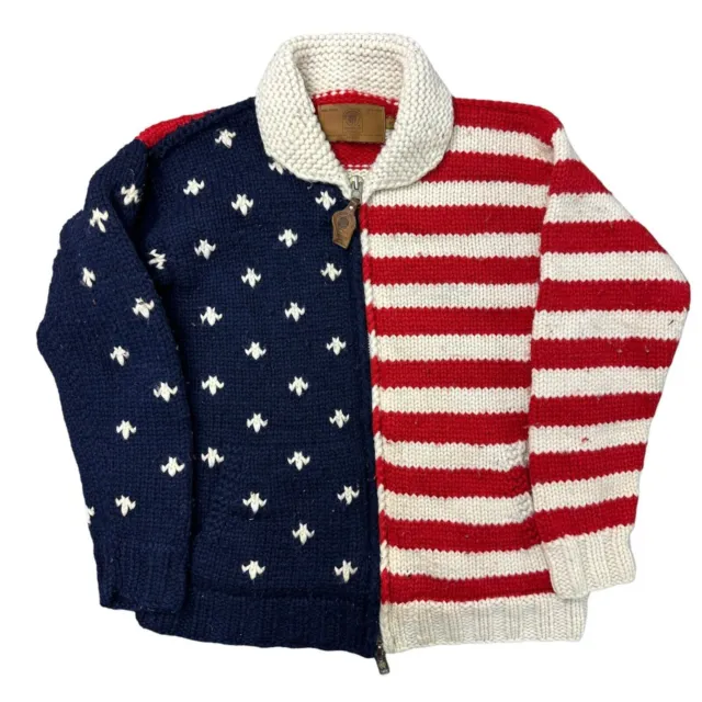 Canadian Sweater Company LTD Hand Knit Cardigan USA Flag 100% Wool Mens Medium