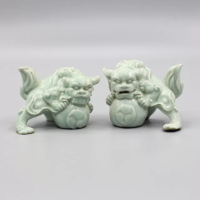 3.5" Chinese Song Porcelain Lake Field Kiln Animal Foo Fu Dog Lion Statue Pair