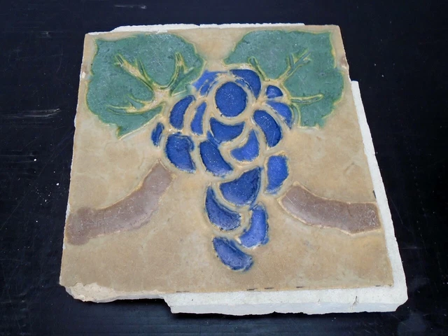 VERY RARE - Grueby Tile - (4 COLOR) w/BLUE GRAPES - 6x6 - with MAKERS MARK