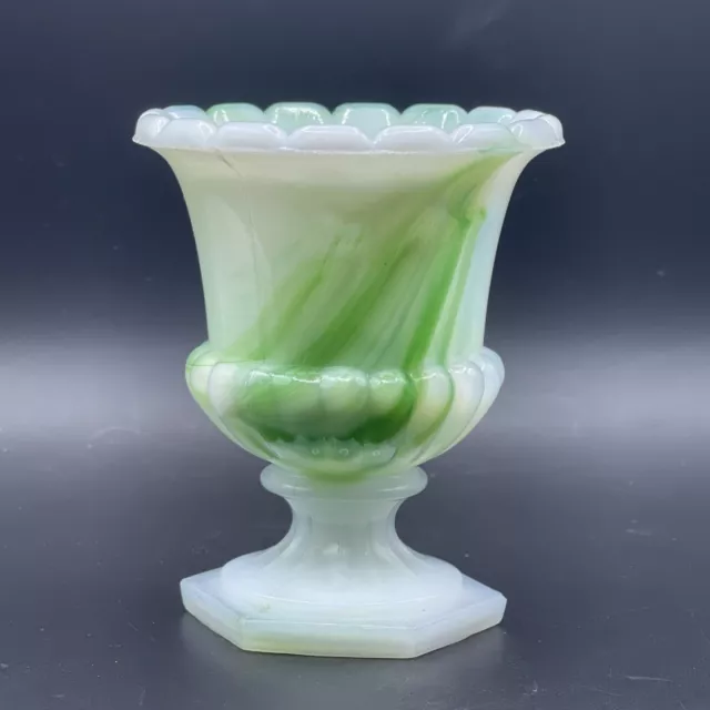 Akro Agate Green Glass Swirled Urn Toothpick or Match Holder