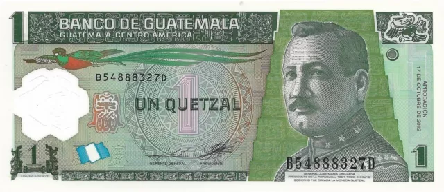 GUATEMALA 1 Quetzals P - 115d; UNC; 2012; features Bank, Quetzal Bird; POLYMER