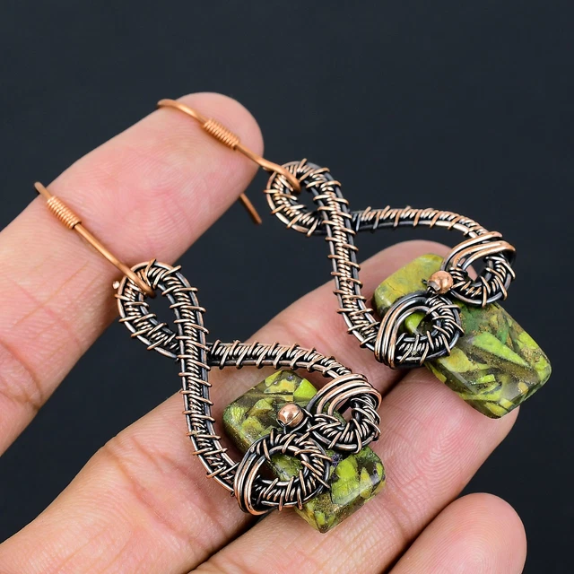 Copper Green Turquoise Gemstone Handmade Copper Wire Wrap Earring 2.6" Easter h3