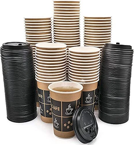 JUST PACK IT 16 oz - 100 Sets with Lids PREMIUM Paper Hot Coffee Cups with Re...