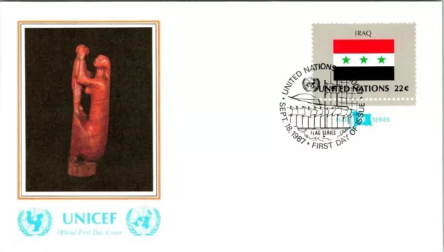Iraq Flag Unicef Famous Sculpture Cachet Tab  1982 Fdc  U.n.n.y. Vf Unaddr