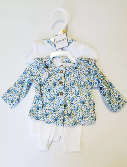 Carter's Baby Girls 3 Pc Ruffle Cardigan, Bodysuit & Pants Set Sz Newborn - NWT