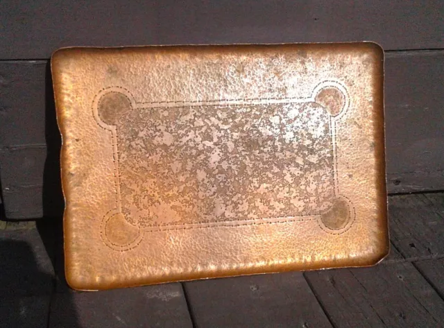 Antique Arts and Crafts Hand Hammered Copper Rectangle Serving Tray Signed