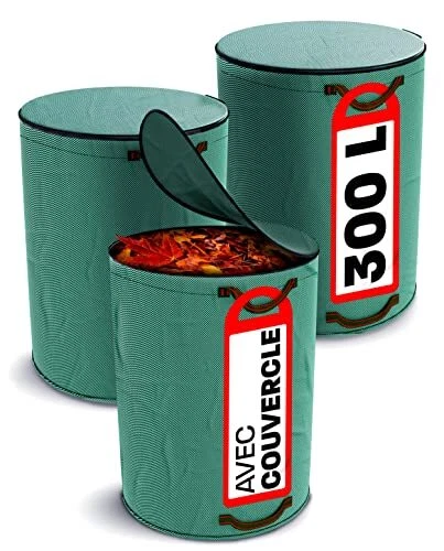 3 Sacs Jardin Déchets avec Couvercle 300L - 4 Poignées Résistantes - Stable -...