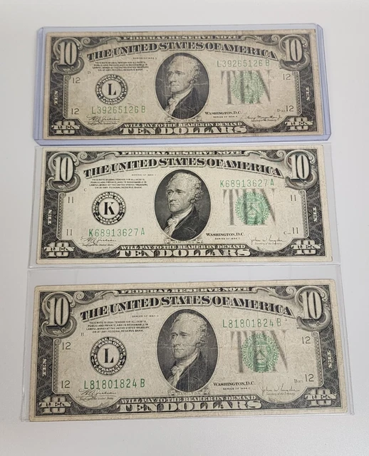 1934-A & 1934-C $10 Ten Dollar Bill Green Seal Circulated Federal Reserve Notes