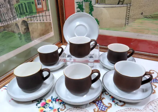 Denby England Enamel Brown & White Set of Six 2 1/2" Cup and Saucer sets 2000-06