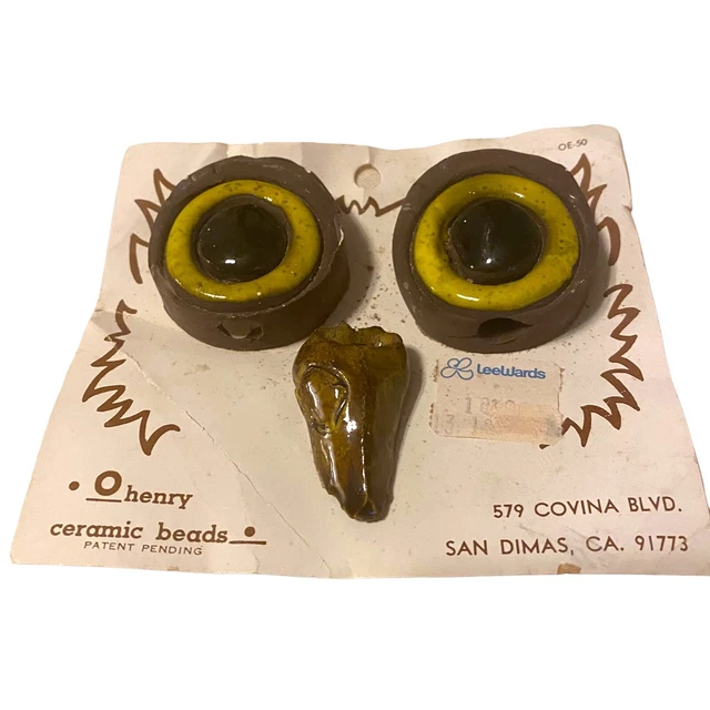 Vintage 1970s Ceramic Owl Face Beads for Macrame Plant Holders-2 Sets