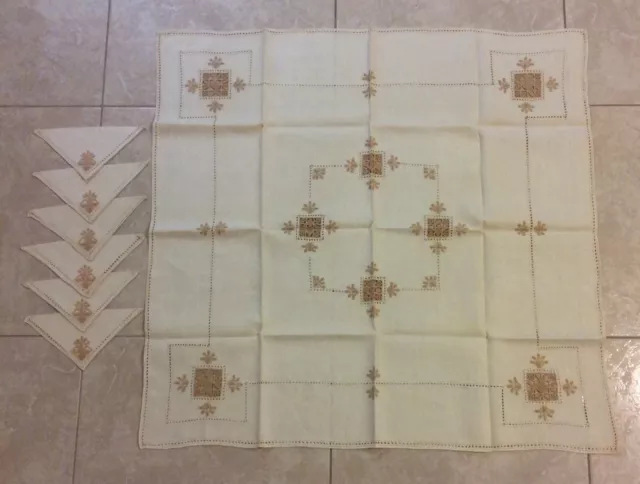 VTG Linen 32” Table Square w/6 Napkins Ivory & Beige Appliqué Cut Work VTG Linen 32” Table Square w/6 Napkins Ivory & Beige Appliqué Cut Work