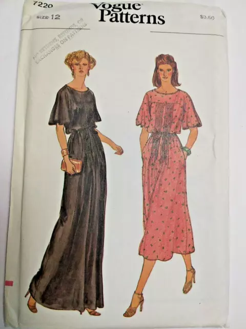 Vaporosas Jersey Blusón Vestido Suelto 12 Vogue 7220 Costura Patrón UC Vtg Noche