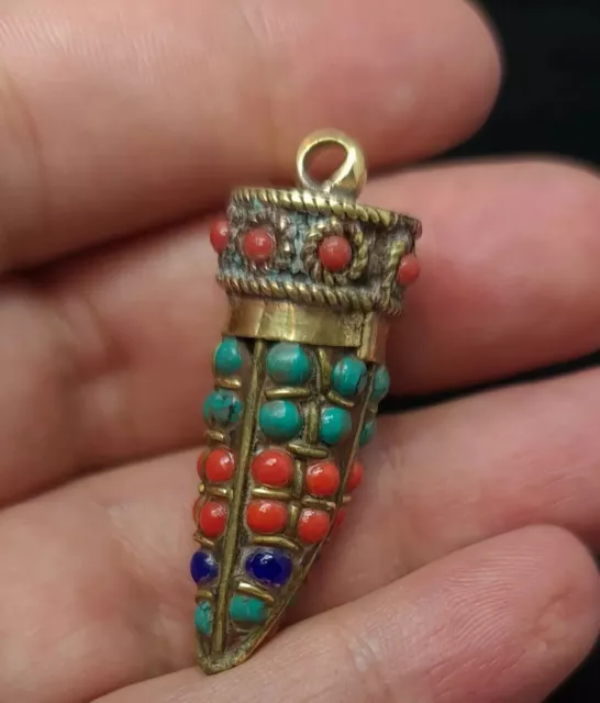 Tibetan Nepalese Artisan Handmade Brass Coral Turquoise Lapis Ethnic Pendant 2