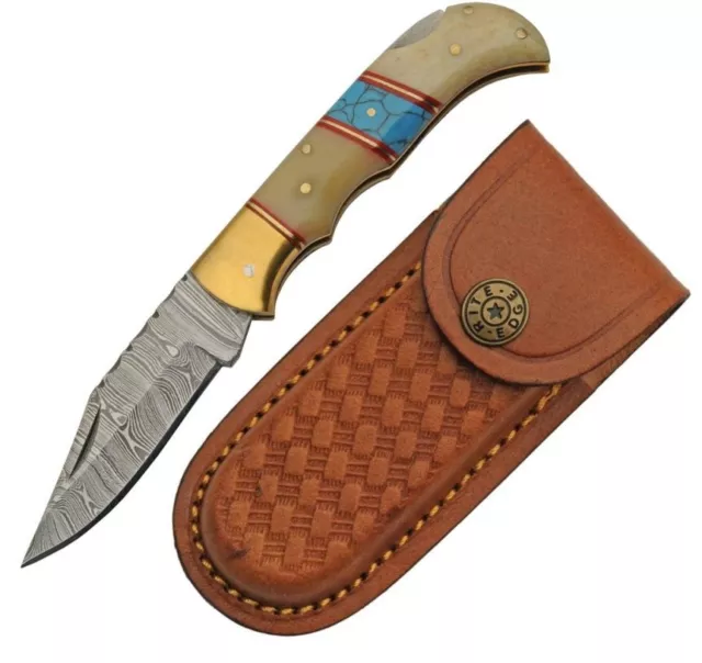 Damascus Lockback Folding Knife 3" Damascus Steel Blade Bone/Turquoise Handle