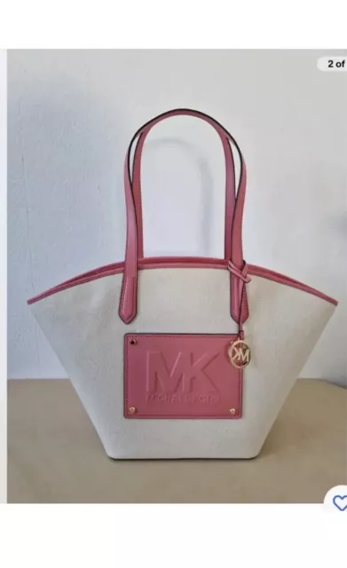 NWT Authentic Michael Kors Kimber Style Canvas Large Tote Bag. Pink & Cream.