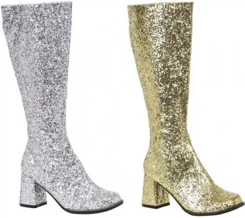 Ladies Womens Fancy Dress Party Glitter Go Go Knee High Boots 60s 70s Retro