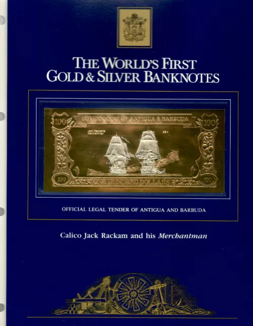 23kt Gold & Silver UNC $100 Antigua 1981 - Calico Jack Rackam & his Merchantman