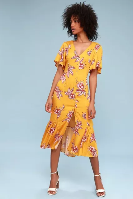 Somedays Lovin Searing Soul yellow floral midi dress size XS extra small