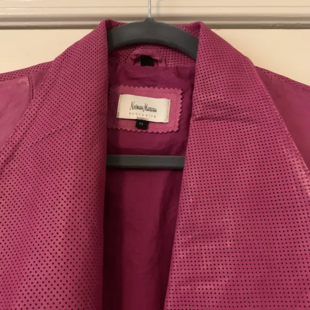 Neiman Marcus Magenta Long Sleeve Draped Open Front Perforated Leather Jacket M