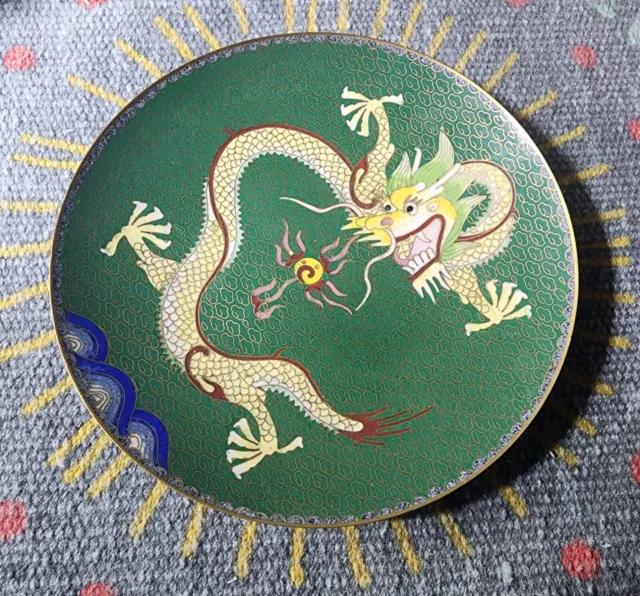 Beautiful Cloisonné Yellow 5 Toed 7" Dragon Plate, Green Background Blue Waves