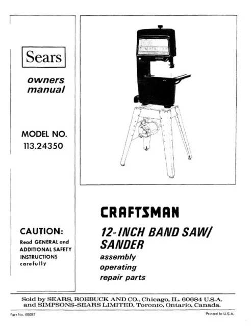 Owner's Manual & Parts List  Sears Craftsman 12" Band Saw - Model 113.24350