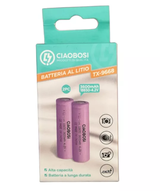 RsZs - SET DI 2 BATTERIE AL LITIO RICARICABILE18650 3600mAh 4,2V TESTA PIATTA