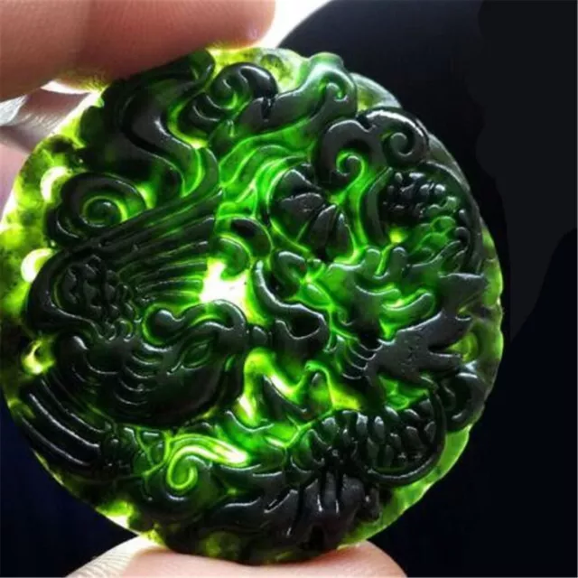 Chinese Natural Black Green Jade Pendant Dragon&Phoenix Good Lucky Amulet Gifts