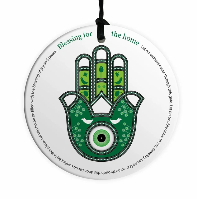 Inglés Hogar Bendición 10CM Cerámico Colgante de Pared Lucky Verde Hamsa Mal Ojo