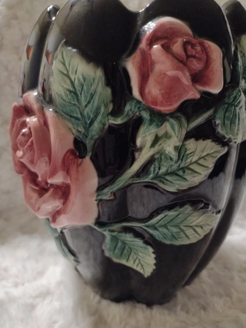 Fitz &Floyd 1987 9.5"H By 5.5"On base.made in Japan.Vase BLACK W/ Pink Roses