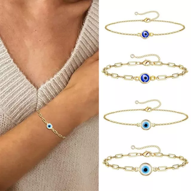 Stainless Steel Blue Evil Eye Protection Lucky Chain Bracelet Women Men Jewelry