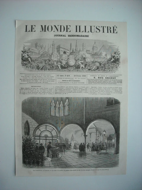 Gravure 1869. Carnaval A Venise. Cour Palais Du Prince Giovanelli Soir Carnaval.