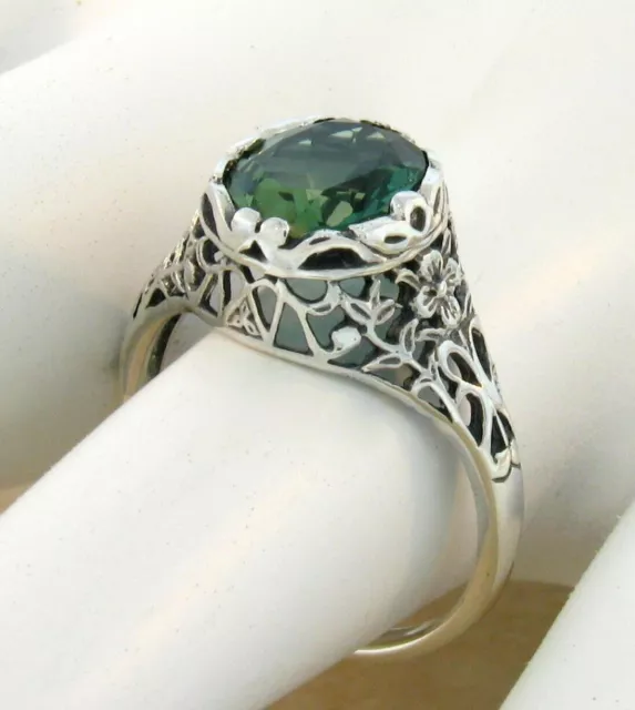 Art Deco Style 925 Sterling Silver Solitaire Simulated Emerald Ring         717X