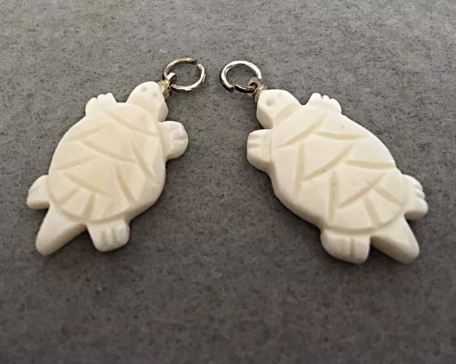 White Turtle Hand Carved Bovine Bone/Brass Pendants, Approx 1 1/4", Two (2)