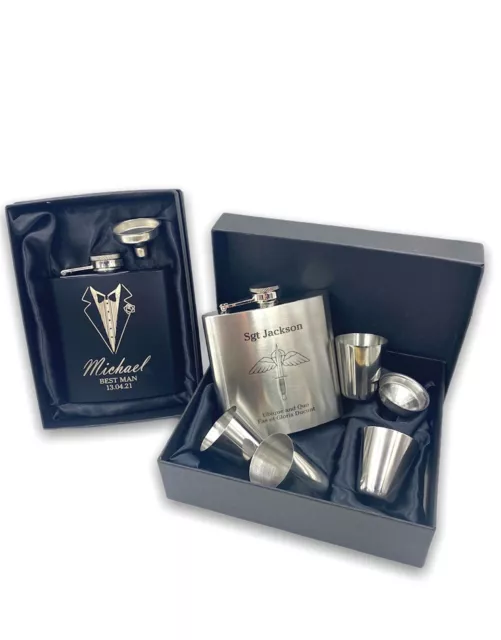 Personalised Engraved Hip flask Any Logo Any Text 6oz Metal Hipflask Gift Set