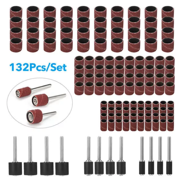 132Pcs Sanding Bands Drum Sleeve Grit Mandrel Dremel Rotary Tool Kit Accessories