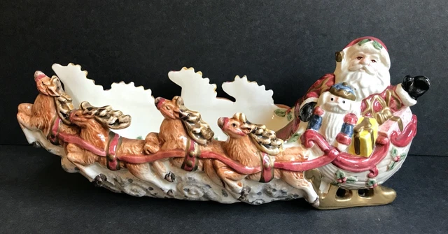 Vintage 1993 FITZ & FLOYD Cracker Serving Dish SANTA in Sleigh Reindeer Toys 12"