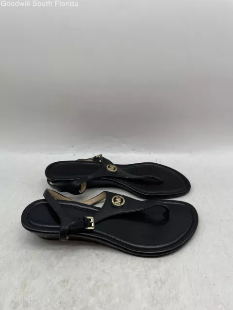 Michael Kors Womens Black Leather Open Toe Wedge Heel T Strap Sandals Size 8 M