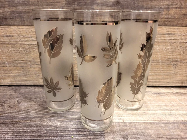 Frosted Silver Leaf Libby Drinking Glasses High Ball Bar Tom Collins Tall 7"