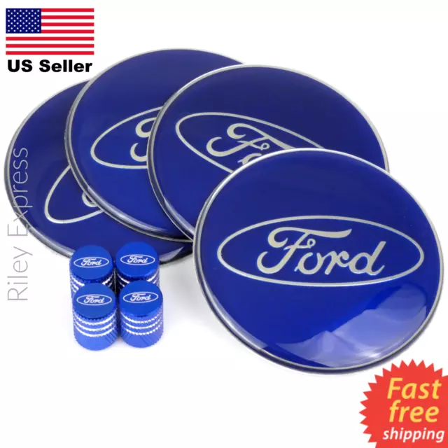 Blue FORD Wheel Center Cap Sticker Decals 2.55" & Blue FORD Tire Valve Caps