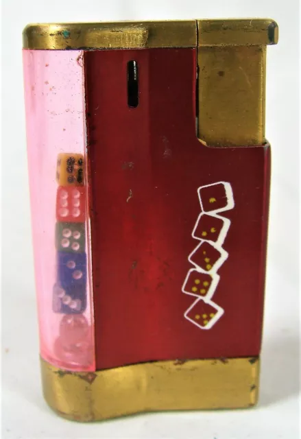 Vtg Refillable Butane Lighter w/ 5 Colored Dice in See Thru Side