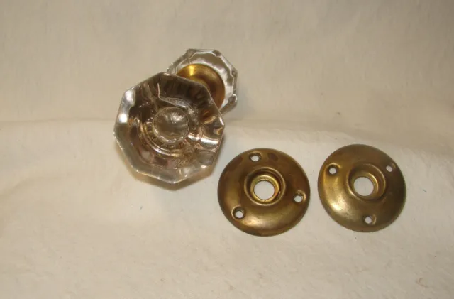Vintage Glass Door Knob Set, 8-point w/brass round face covers