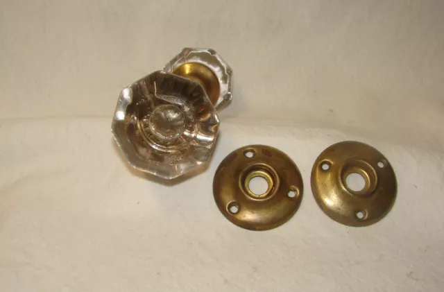 Vintage Glass Door Knob Set, 8-point w/brass round face covers