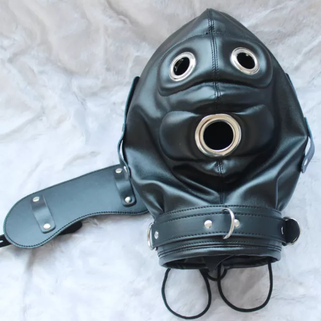 Soft Black Leather Gimp Bondage Hood Deprivation Mask Gag Blindfold Lockable UK