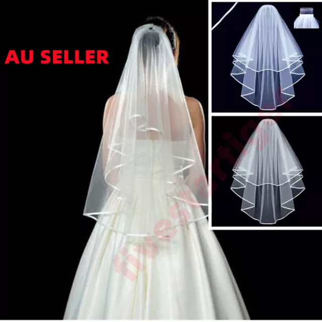 Women Bridal Wedding 2-Tier Veil With Satin Edge Comb Hen's Night White Ivory AU