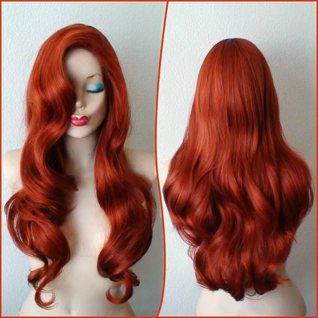 Womens Copper Red Wavy Wigs Jessica Rabbit Long Curly Ladies Hair Cosplay Wig