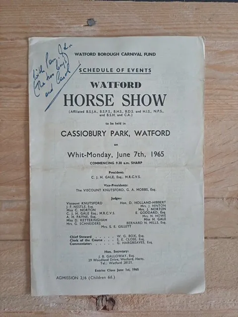 Watford Horse Show June 1965 Event Programme Pony Gymkhana Jumping